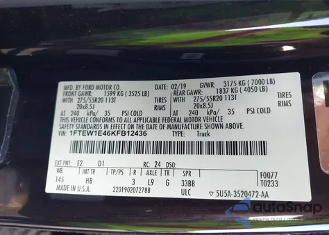 2019 Ford F-150 Lariat from USA, damaged, VIN 1FTEW1E46KFB12436